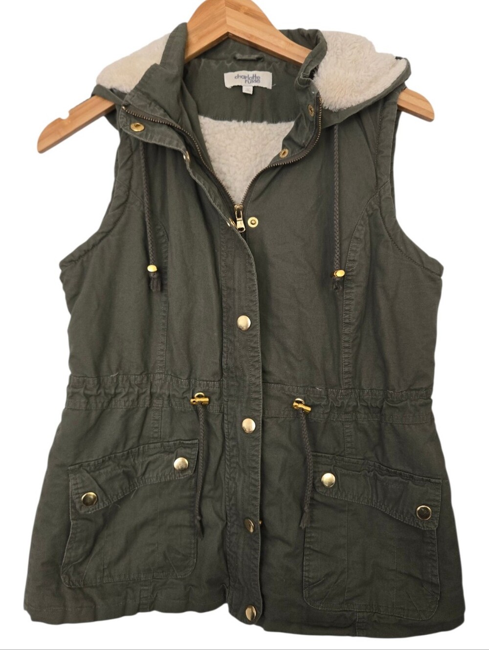 🌲 Charlotte Russe Olive Green Sherpa Lined Utility Vest — Size Medium